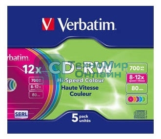 Диск CD-RW Verbatim 700Mb 12x Slim case (5шт) Color (43167)