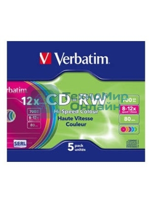 Диск CD-RW Verbatim 700Mb 12x Slim case (5шт) Color (43167)