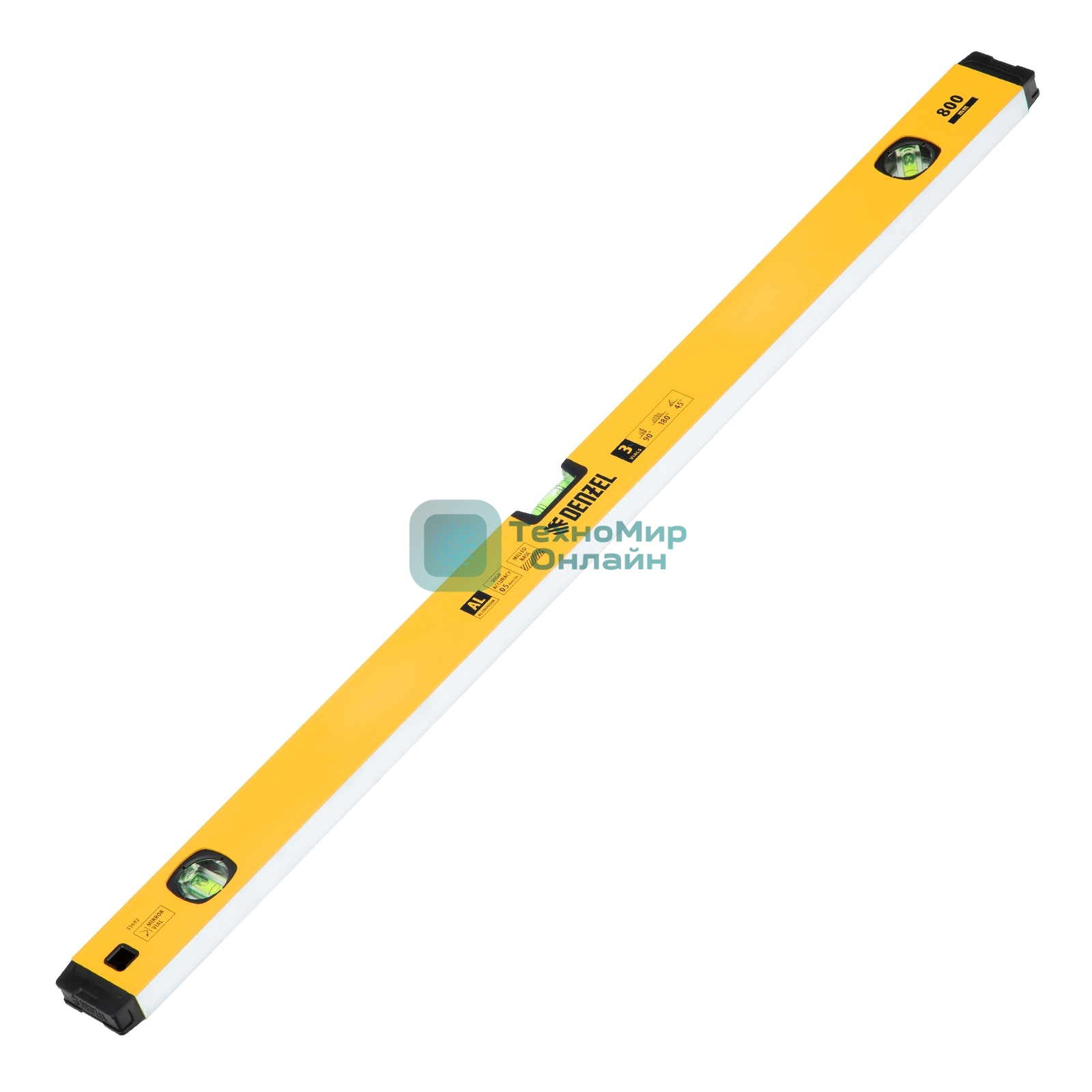 Уровень алюминиевый Denzel магнит., фрезерованный, 3 глазка (1 зеркал.), 0,5 мм/м, 800 мм