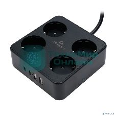 Сетевой фильтр Cablexpert Plate, PLT-4-C2U2-B-3, 4р, 10А, 2xType-C PD, 20Вт, 2xUSB, 2.4A, 3 м, ур. защиты 4+, черный, коробка