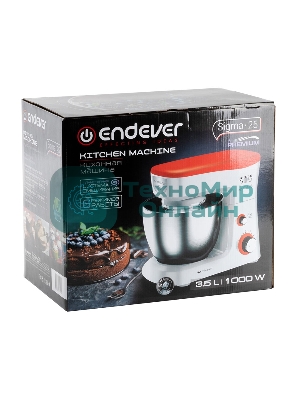 Миксер стационарный Endever Sigma-25, 1000 Вт., планетарный, многофункциональный, стальная чаша 3,5 л., регулировка скорости, белый/красный
