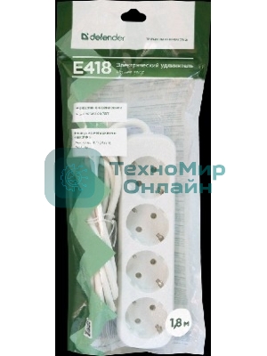 Удлинитель Defender E418 белый 1.8 м, 4 розетки 
