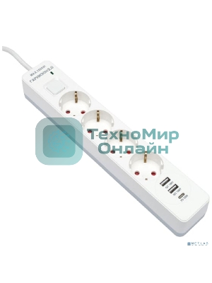Сетевой фильтр Гарнизон EPS-OP-4-CU2-W-2 2.0 Мультипорт 4 р, 10А, 1xType-C PD, 2 х USB QC, 4 м, ур.защиты 4+, белый, пак (21449)