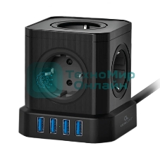 Сетевой фильтр Cablexpert Tower, TWR-5-U4-B-3, 5 р, 10А, 4хUSB, 3.1А, 3 м, ур.защиты 4+, черный, коробка