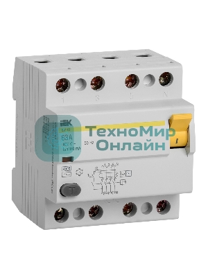 Выключатель дифференциального тока (УЗО) 4п 63А 100мА тип AC ВД1-63 IEK MDV10-4-063-100