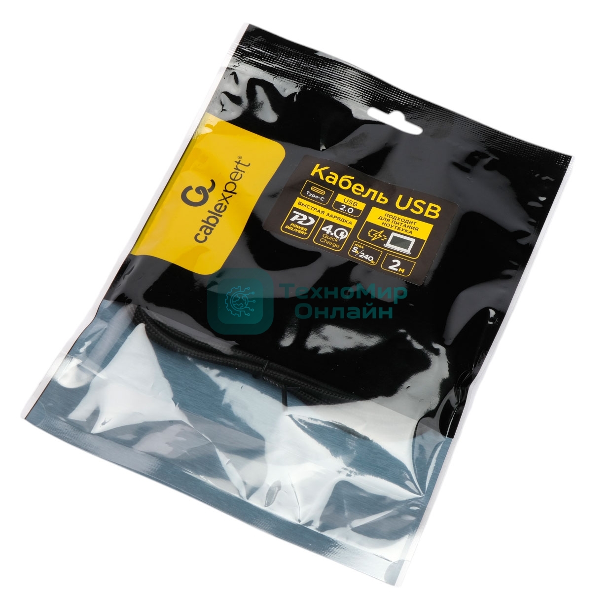Кабель USB2.0 Cablexpert ССP-USB2.0-240W-2M Type-C/Type-C, 5А, 240Вт, PD3.1/QC4.0, медь, алюминиевые коннекторы, оплетка, 2м, черный, пакет
