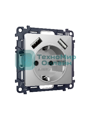 Комплект механизма электрической розетки ALFA Серебро глянец 2USB A+A 18W (быстрая зарядка) с/з QUANT (AP4090, VM155) MA409010