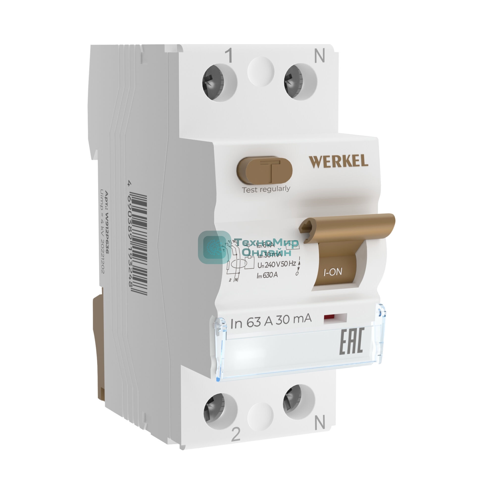 Устройство защитного отключения Werkel 1P+N 63 A 30 mА  АС  6 kА W912P636