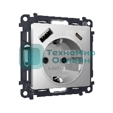 Комплект механизма электрической розетки ALFA Серебро глянец 2USB A+C 20W (быстрая зарядка) с/з QUANT (AP4100, VM160) MA410010