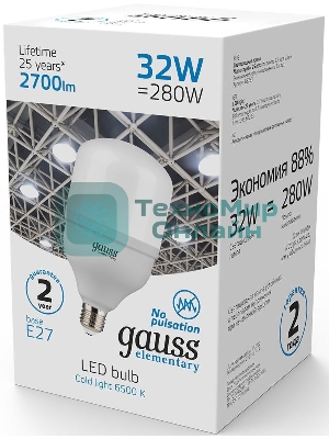 Лампа cветодиодная Gauss Elementary T100 32W 2700lm 6500K E27 LED