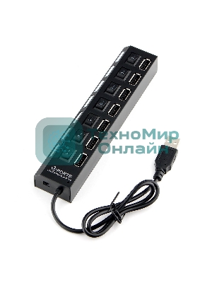 Разветвитель USB2.0 Gembird UHB-U2P7-01, 7хUSB, с доп. питанием, подсветка и выключатели, кабель USB 55 см, черный, коробка