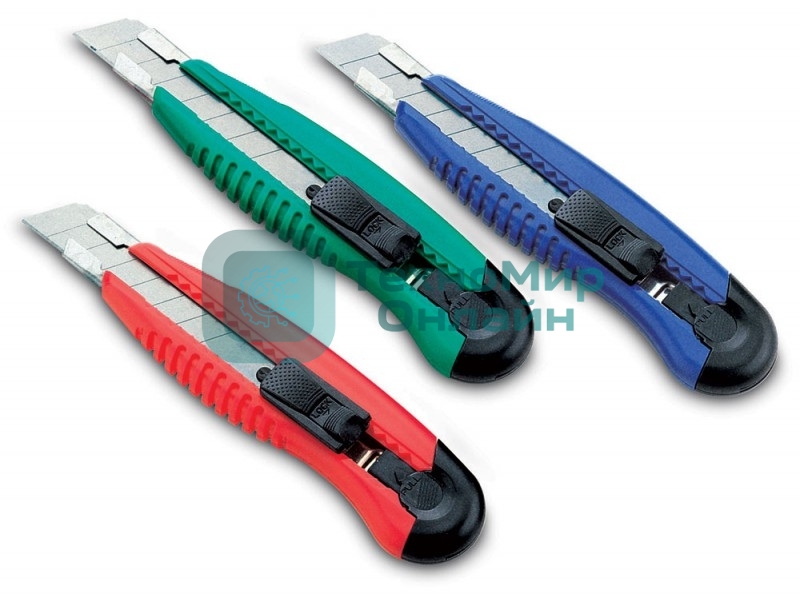 Нож канцелярский Kw-Trio 3713, ширина лезвия 18 мм, усиленный 2 сменных лезвия, металл, ассорти, блистер