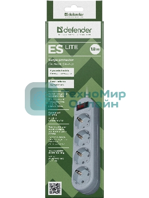 Сетевой фильтр Defender ES Lite, 1.8 м, 4 розетки, серый