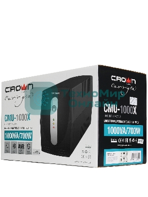 Источник бесперебойного питания Crown CMU-1000X (1000VA/600w; Off-Line; 2 х Euro с резервным питанием и фильтрацией; 12V7AH х 2; Металл)