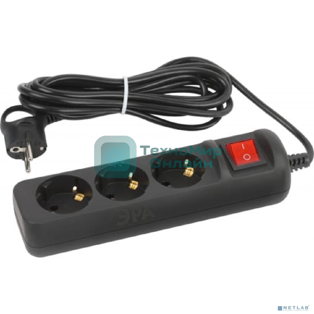 Удлинитель электрический ЭРА UX-3es-5m-B с заземлением с выключателем 3 розетки 5м ПВС 3x0,75мм2 10А черный