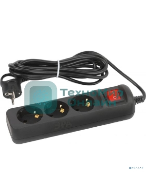 Удлинитель электрический ЭРА UX-3es-5m-B с заземлением с выключателем 3 розетки 5м ПВС 3x0,75мм2 10А черный