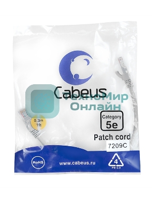 Шнур коммутационный Cabeus, Cat.5e, неэкр., U/UTP, RJ45/RJ45, PVC, AWG24, 0.3м, серый