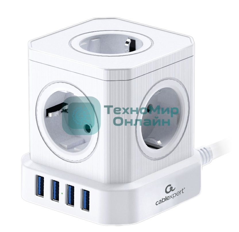 Сетевой фильтр Cablexpert Tower 5 р, TWR-5-U4-W-3, 10А, 4хUSB, 3.1А, 3 м, ур.защиты 4+, белый, коробка
