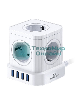 Сетевой фильтр Cablexpert Tower 5 р, TWR-5-U4-W-3, 10А, 4хUSB, 3.1А, 3 м, ур.защиты 4+, белый, коробка