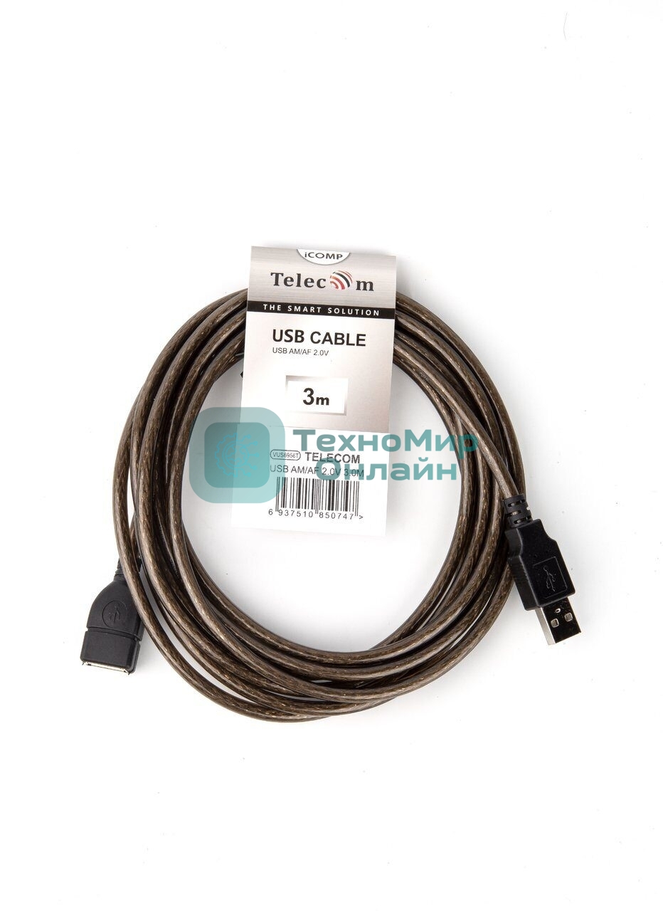 Кабель удлинительный USB2.0 AM/AF прозрачная изоляция 3m  Telecom <VUS6956T-3M>