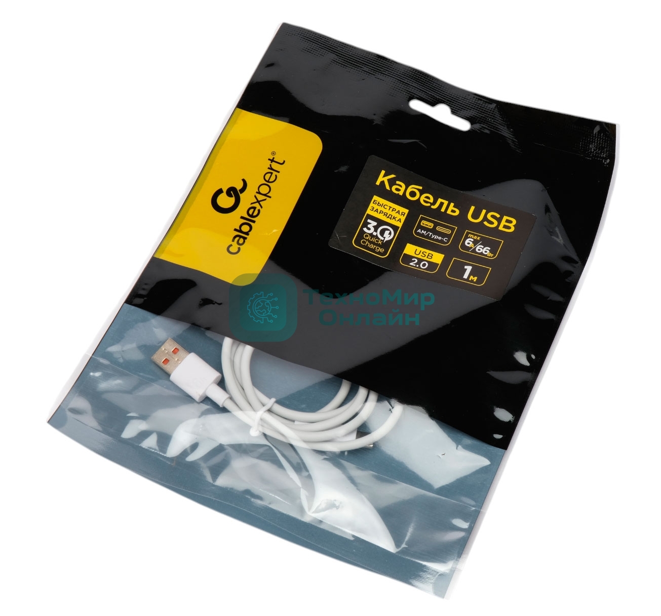 Кабель USB2.0 Cablexpert CC-USB2-AMCM-66W-1M-W, AM/Type-C, 6A, 66Вт, QC3.0, 1м, медь, белый, пакет