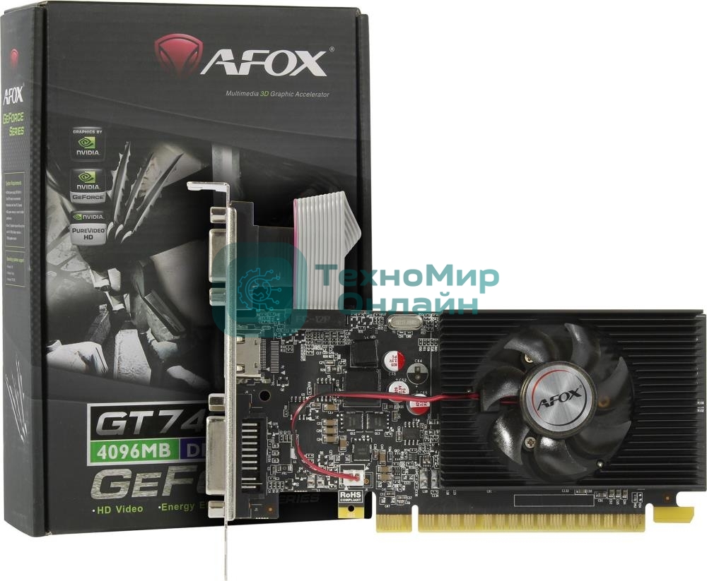 Видеокарта AFOX GeForce GT 740 Low Profile 4Gb (AF740-4096D3L3) 128Bit DVI HDMI VGA, Single fan