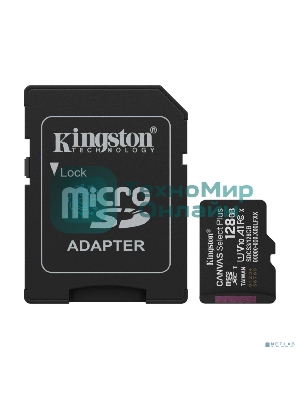 Флеш карта Micro SecureDigital 128Gb Kingston Canvas Select Plus Gen3 150Mb/s A1,, адаптер в комплекте