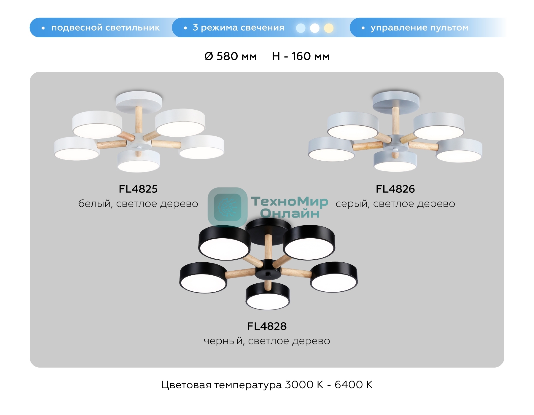 Светильник Ambrella light FL4828/5 BK черный 3000K-6400K 65W D580*160 (ПДУ ИК)