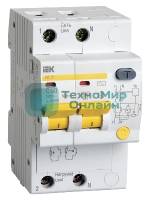 Выключатель автоматическийIEK MAD10-2-050-C-030 АД12 2Р 50А30мА IEK