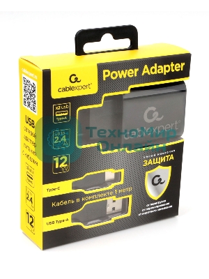 Сетевое зарядное устройство Cablexpert MP3A-PC-37 USB 2 порта, 2.4A, черный + кабель 1м Type-C