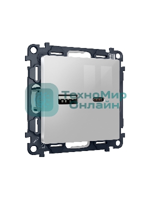 Комплект механизма розетки ALFA Серебро глянец 2USB A+C 20W (быстрая зарядка) QUANT (AP4110, VM177) MA411010