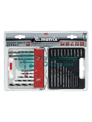 Набор сверл Matrix комб., мет.1-6мм,бетон 4-8мм,дер.4-8 мм,биты 10шт,адап., зенковка, 31пр., PRO