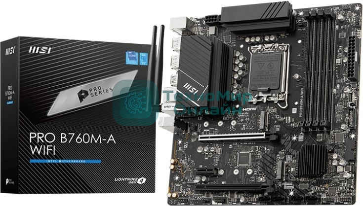 Материнская плата MSI PRO B760M-A WIFI, LGA 1700, Intel B760, 4xDDR5, 4xSATA, 2xM.2, 1xPCI-E 4.0 x16, 1xPCI-E 4.0 x4, 2xHDMI, 2xDP, 1x2.5Gb LAN, 2xUSB-A 2.0, 2xUSB 3.2 Gen 1, 2xUSB 3.2 Gen 2, 3x3.5 мм, 7.1, Micro-ATX