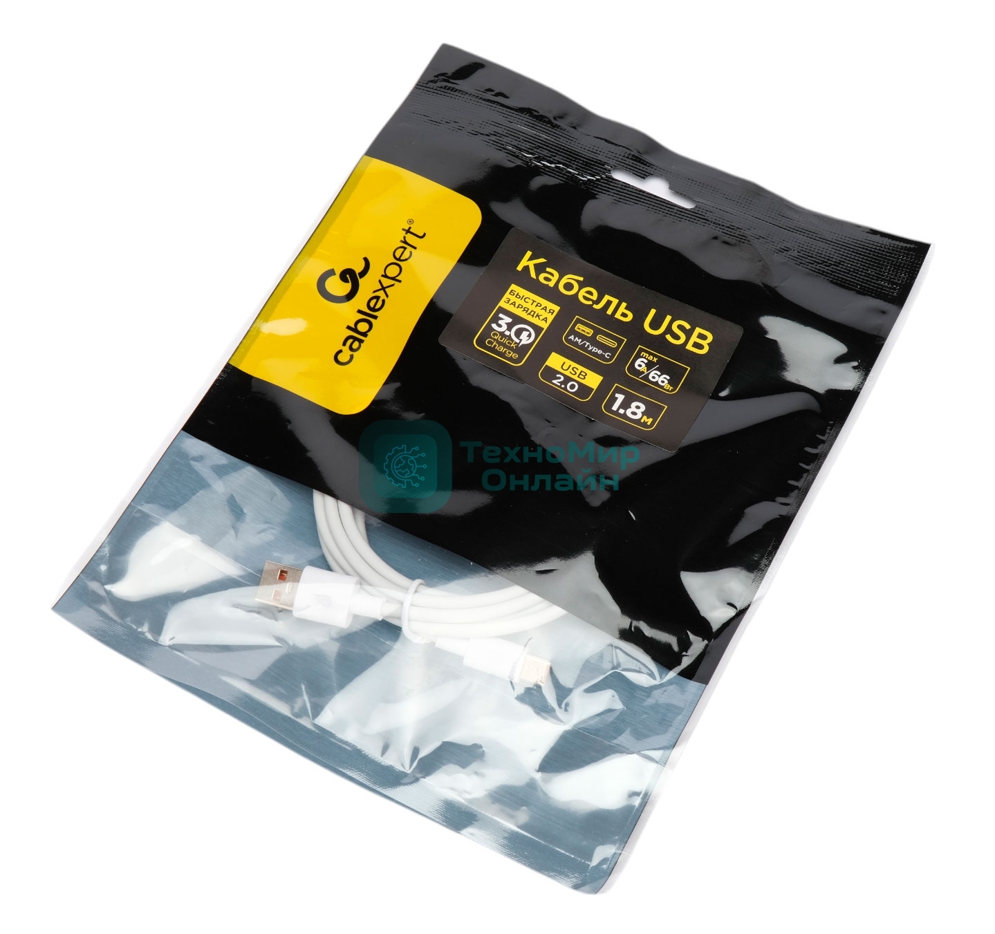 Кабель USB2.0 Cablexpert CC-USB2-AMCM-66W-1.8M-W, AM/Type-C, 6A, 66Вт, QC3.0, 1.8м, медь, белый, пакет