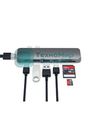USB-концентратор Satechi Aluminum Pro Hub для Macbook Pro (USB-C). Порты: HDMI, Thunderbolt 3, USB Type-C, SD, microSD, 2 x USB 3.0. серый космос.