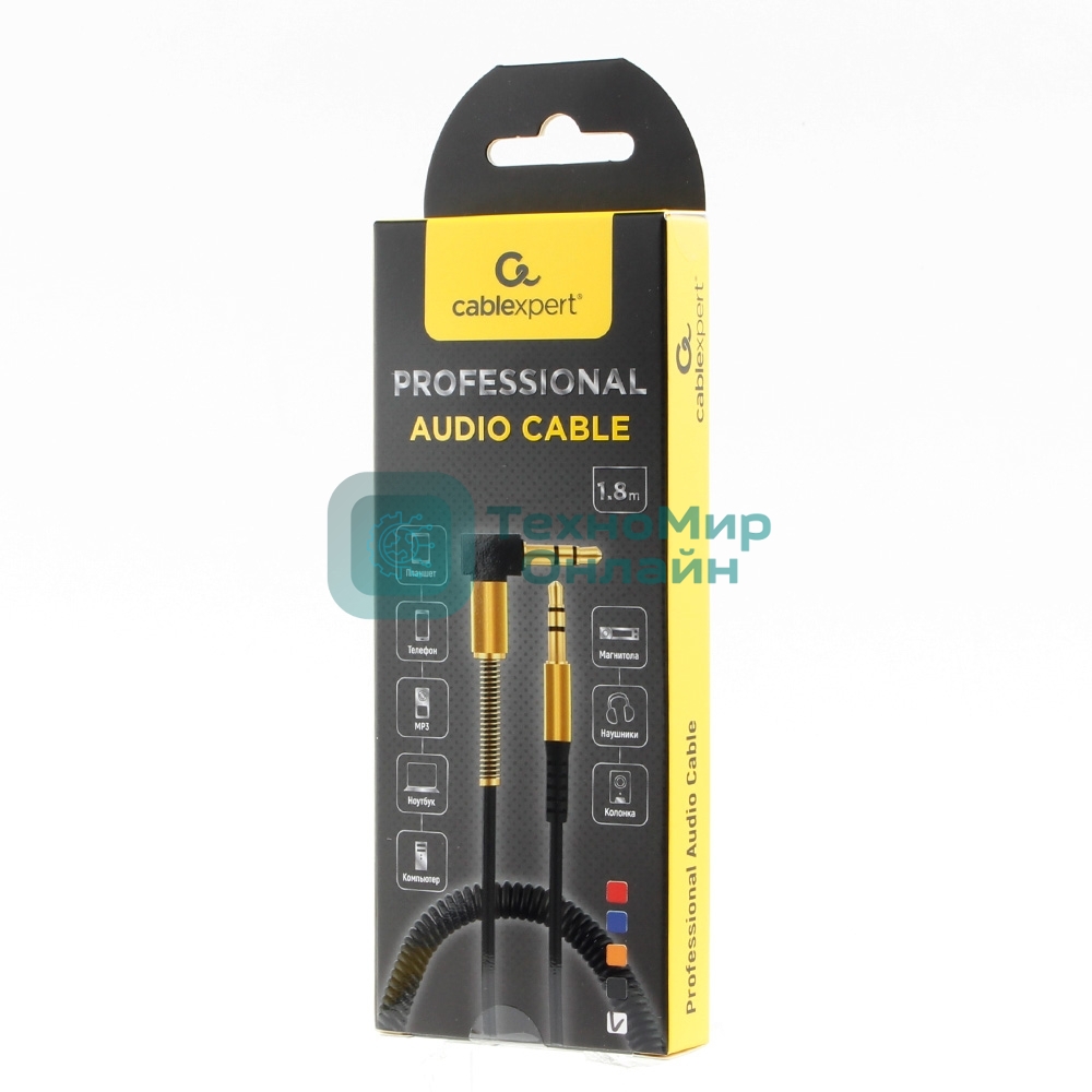 Кабель Cablexpert аудио 90˚ спиральный CCAB-02-35MMLC-1.8MO. 3.5 Jack (M)/3.5 Jack (M), оранжевый, 1.8м, блистер