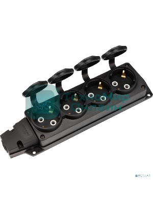 Розетка (колодка) Rexant влагозащищенная с крышкой 4 гнезда COMPACT, с/з, 16А, IP54, каучук, черный