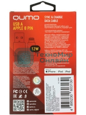 Кабель Qumo, MFI С91, USB-Apple 8 pin, 1м, 5-9В, до 2А, 18Вт, опл.нейлоновая леска, кон. металл серебро, белая оплетка