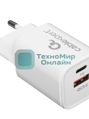 Сетевое зарядное устройство Cablexpert MP3A-PC-42, 30Вт, быстрая зарядка QC3.0/PD, 2 порта: USB и Type-C, белый, пакет