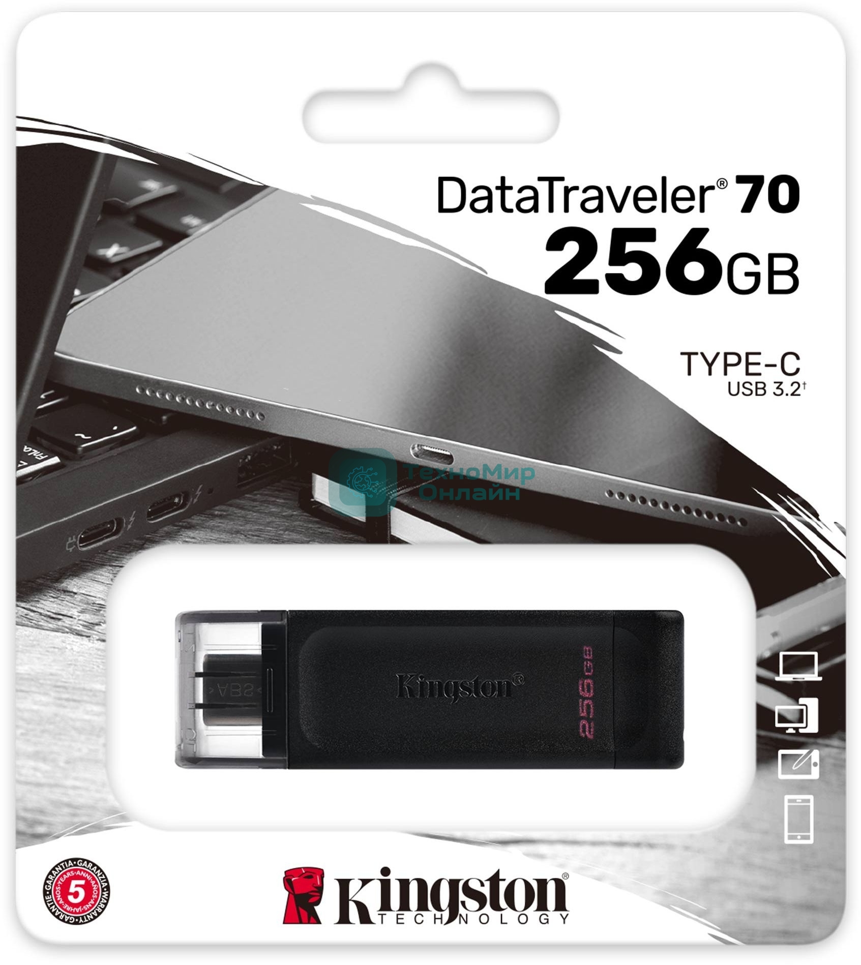 Флешка USB Kingston DataTraveler DT70 (DT70/256Gb), 256Gb, USB Type-C 3.2, R/W 70/45, черный