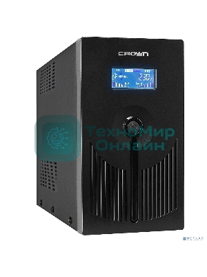 Источник бесперебойного питания CROWN 800VA/450W, металл, 1x12V/9AH, розетки 3*EURO+1*IEC bybass, трансформатор AVR 145-280V, LCD дисплей, съемный кабель 1.2м, фильтр телефонной и ethernet линии RJ11/45, защита батареи, от перегрузки, от КЗ