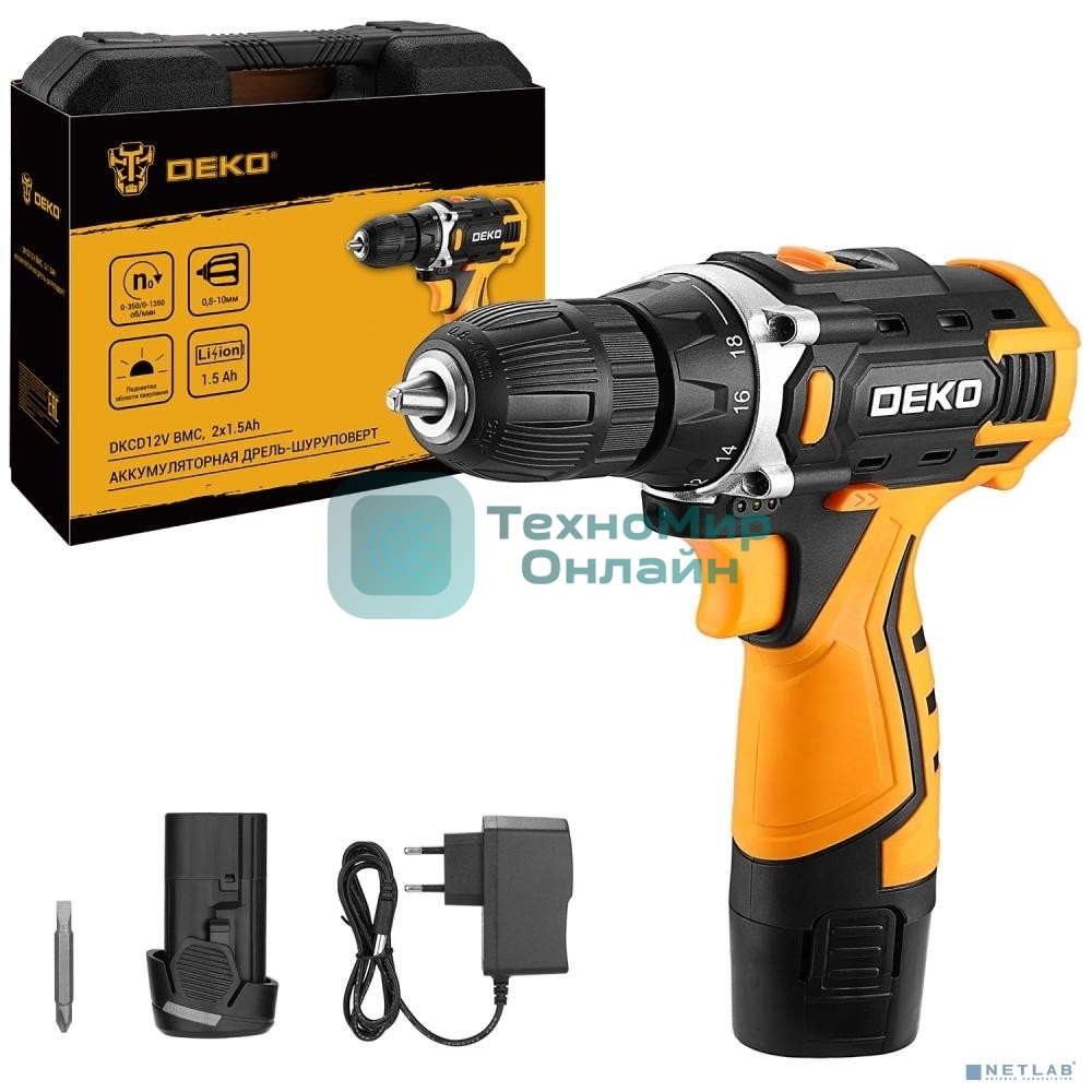 Дрель-шуруповерт Deko DKCD12V, 12 В, 1,5 Ач, 32 Нм, щеточный