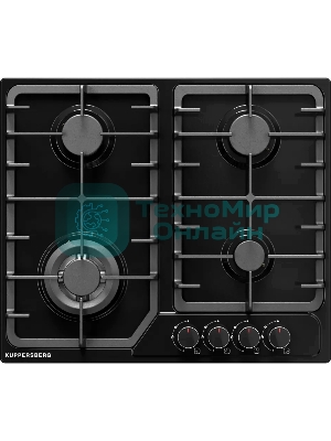 Варочная панель Kuppersberg FS 66 B, газ, High-Tech, 58 см, автоматический электроподжиг, газ-контроль, форсунки под сжиженый газ, SABAF конфорки, чугунные решетки, цвет черный, цвет фурнитуры черный
