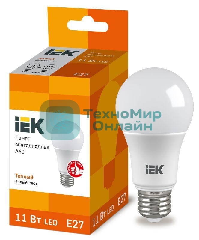 Лампа светодиодная IEK LLE-A60-11-230-30-E27 ECO A60 11Вт грушевидная 3000К теплый белый E27 990лм 230-240В