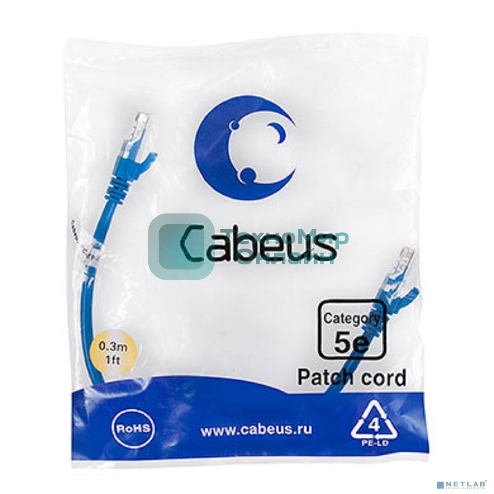 Патч-корд Cabeus, Cat.5e, неэкр., U/UTP, RJ45/RJ45, PVC, AWG24, 0.3м, синий