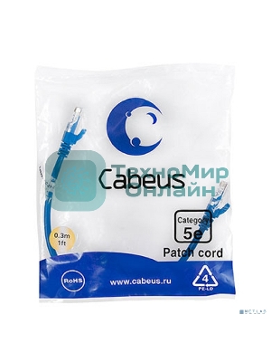 Патч-корд Cabeus, Cat.5e, неэкр., U/UTP, RJ45/RJ45, PVC, AWG24, 0.3м, синий