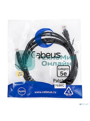 Шнур коммутационный Cabeus, Cat.5e, неэкр., U/UTP, RJ45/RJ45, PVC, AWG24, 3м, черный