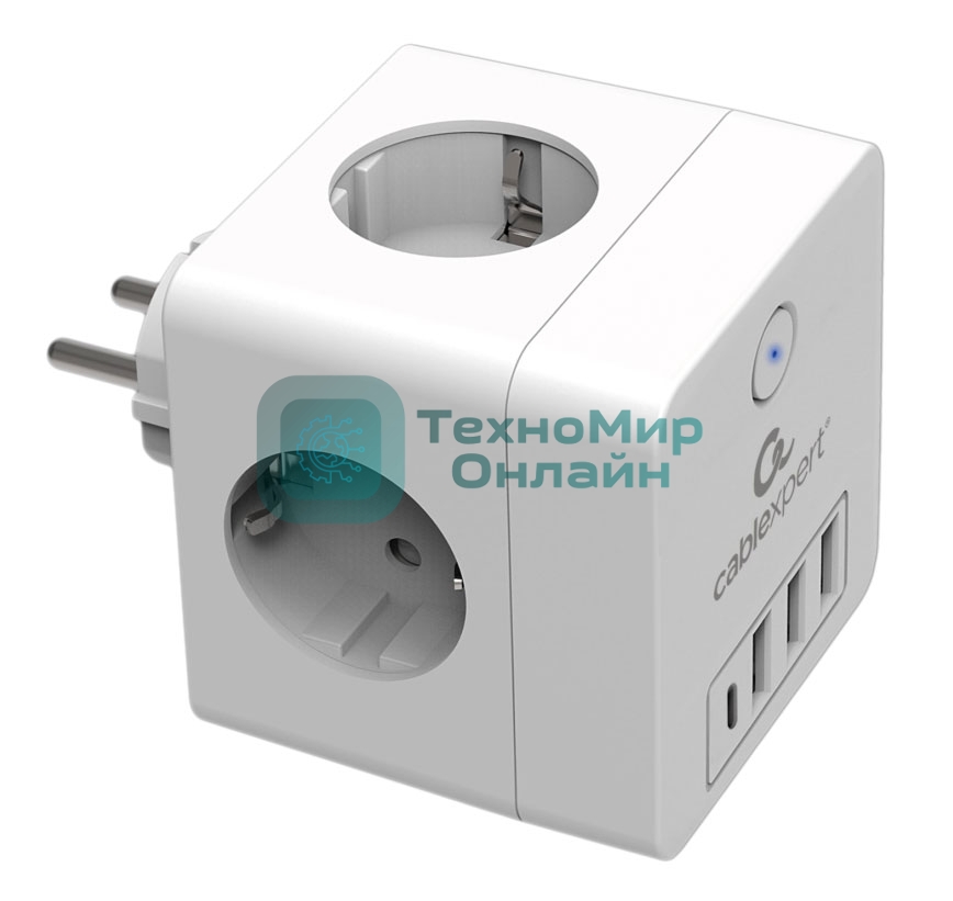Сетевой фильтр Cablexpert Cube, CUBE-4-СU3-W, 4 р, 16А, 1xType-C PD, 3хUSB, ур. защиты 2+, белый, коробка