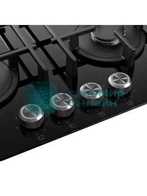 Варочная поверхность Kuppersberg FG 68 B газ, High-Tech, 60 см, автоматический электроподжиг, газ-контроль, форсунки под сжиженый газ, механическое/сенсорное управление, таймер, блокировка панели управления, подсветка панели управления, SABAF конфорки, чугунные решетки, цвет черный, цвет фурнитуры черно-серебристый