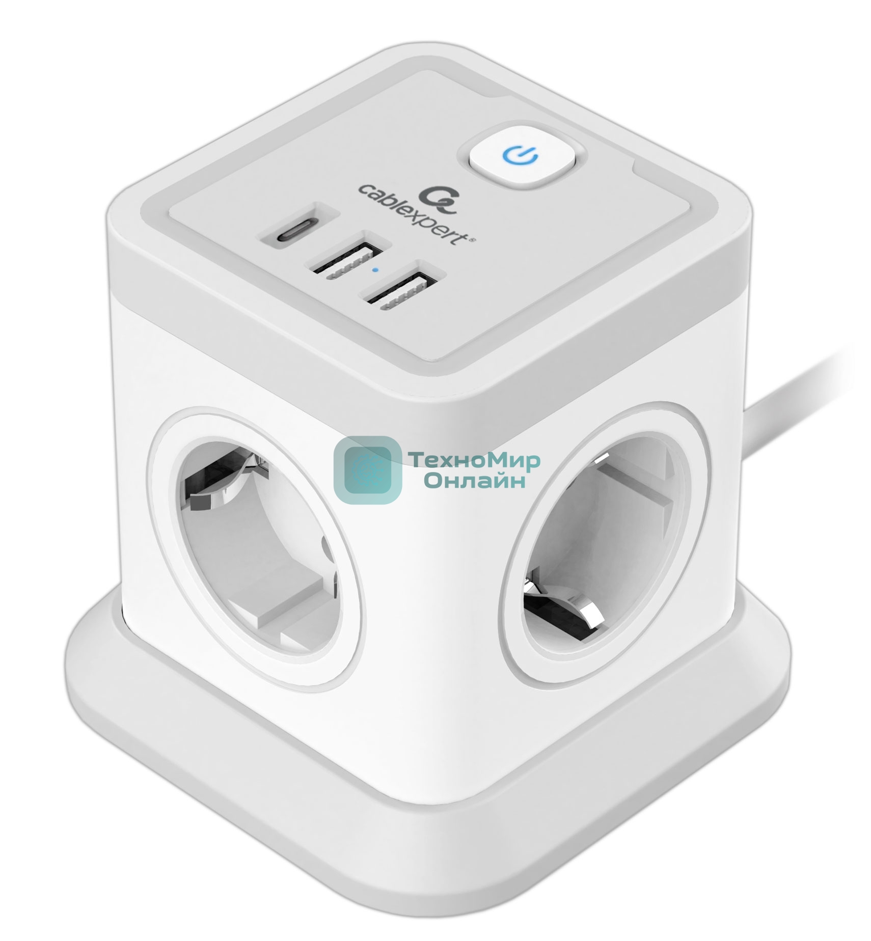 Сетевой фильтр Cablexpert Tower, TWR-4-CU2-W-2, 4р, 10А, 1xType-C PD, 20Вт, 2хUSB, 2 м, ур. защиты 2+, белый, коробка
